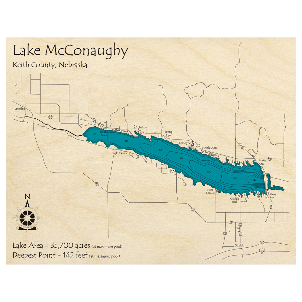 Bathymetric topo map of Lake McConaughy, NE with roads, towns and depths noted in blue water.