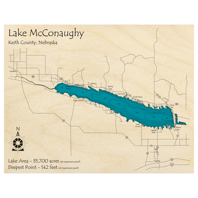 Bathymetric topo map of Lake McConaughy, NE with roads, towns and depths noted in blue water.