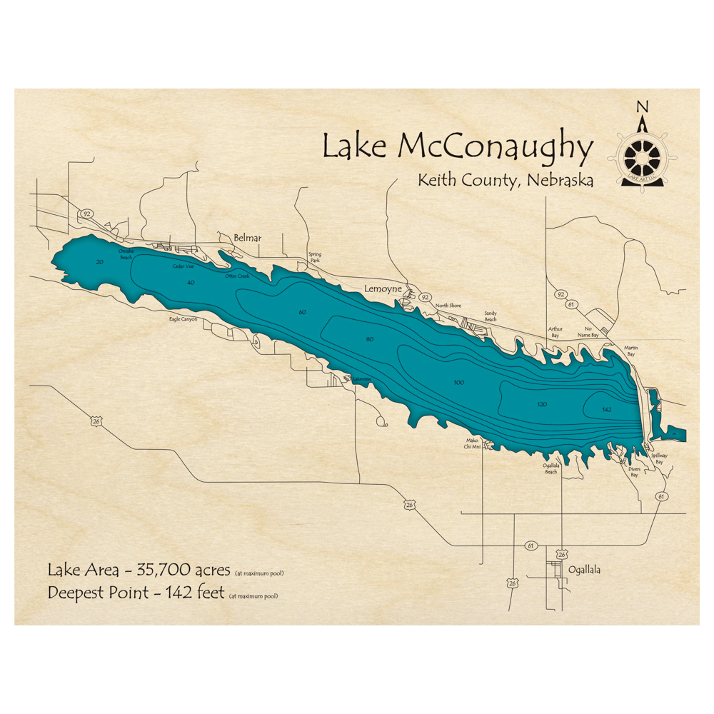 Bathymetric topo map of Lake McConaughy, NE with roads, towns and depths noted in blue water.