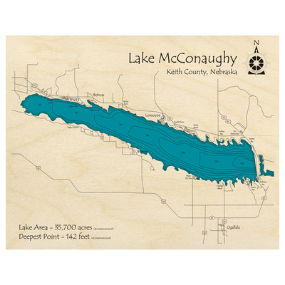 Bathymetric topo map of Lake McConaughy, NE with roads, towns and depths noted in blue water.