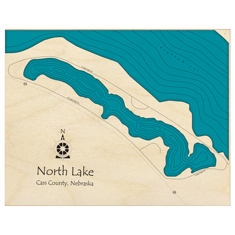 Bathymetric topo map of North Lake, NE with roads, towns and depths noted in blue water.