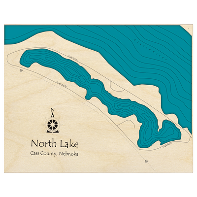 Bathymetric topo map of North Lake, NE with roads, towns and depths noted in blue water.