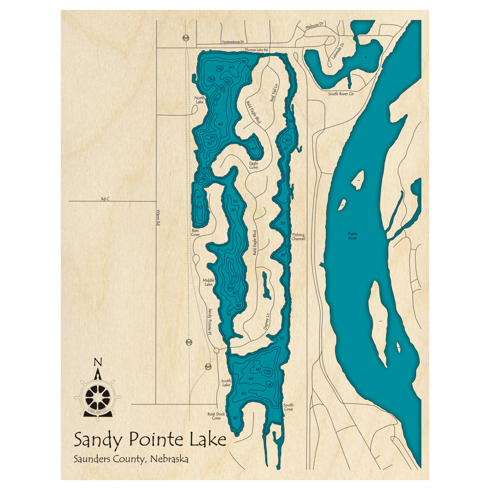 Bathymetric topo map of Sandy Pointe Lake, NE with roads, towns and depths noted in blue water.