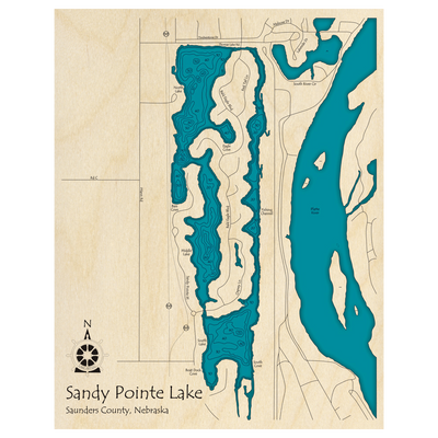 Bathymetric topo map of Sandy Pointe Lake, NE with roads, towns and depths noted in blue water.