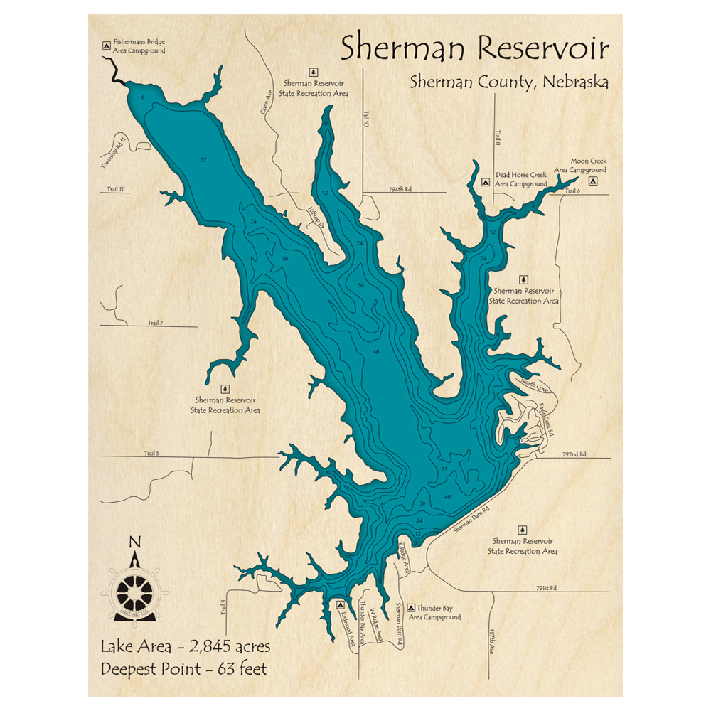 Bathymetric topo map of Sherman Reservoir, NE with roads, towns and depths noted in blue water.