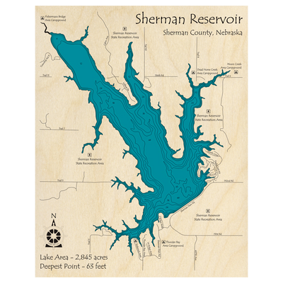 Bathymetric topo map of Sherman Reservoir, NE with roads, towns and depths noted in blue water.