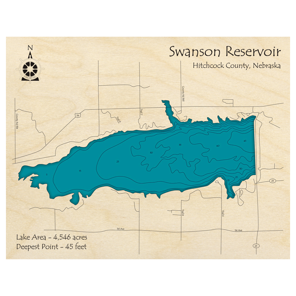 Bathymetric topo map of Swanson Reservoir, NE with roads, towns and depths noted in blue water.