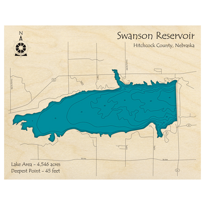 Bathymetric topo map of Swanson Reservoir, NE with roads, towns and depths noted in blue water.