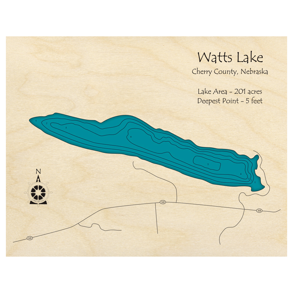 Bathymetric topo map of Watts Lake, NE with roads, towns and depths noted in blue water.