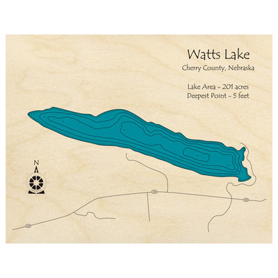 Bathymetric topo map of Watts Lake, NE with roads, towns and depths noted in blue water.