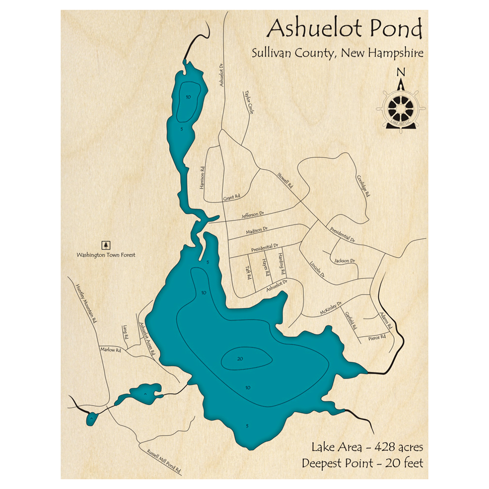 Bathymetric topo map of Ashuelot Pond, NH with roads, towns and depths noted in blue water.