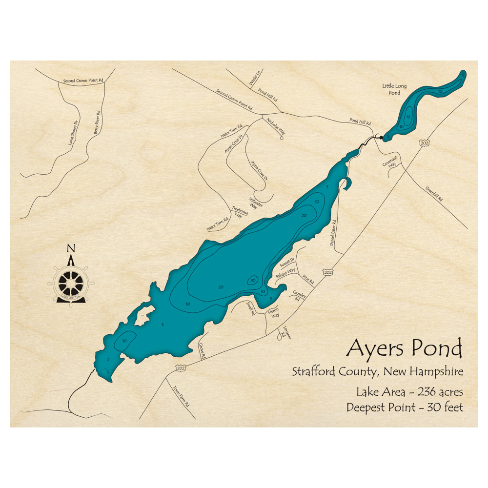 Bathymetric topo map of Ayers Pond, NH with roads, towns and depths noted in blue water.