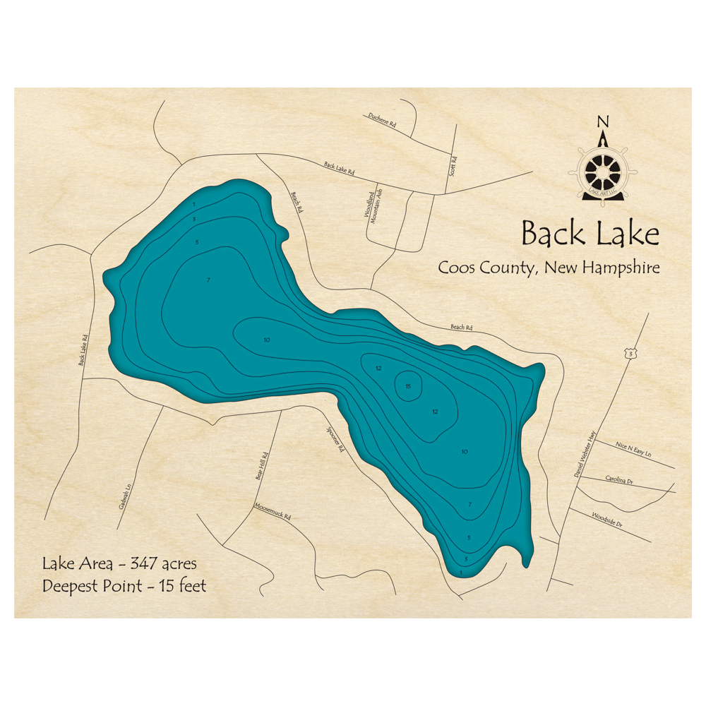Bathymetric topo map of Back Lake, NH with roads, towns and depths noted in blue water.