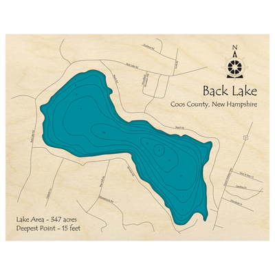 Bathymetric topo map of Back Lake, NH with roads, towns and depths noted in blue water.