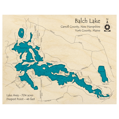 Bathymetric topo map of Balch Lake (ME, NH) with roads, towns and depths noted in blue water.