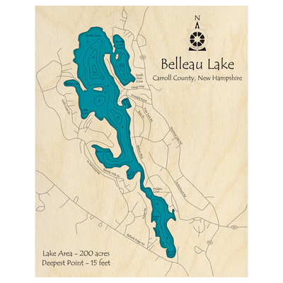 Bathymetric topo map of Belleau Lake, NH with roads, towns and depths noted in blue water.