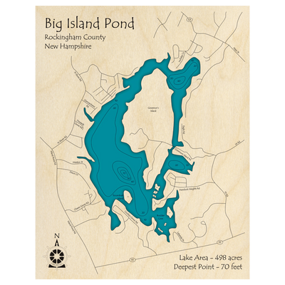 Bathymetric topo map of Big Island Pond, NH with roads, towns and depths noted in blue water.