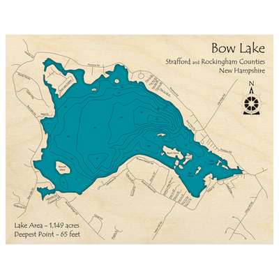 Bathymetric topo map of Bow Lake, NH with roads, towns and depths noted in blue water.