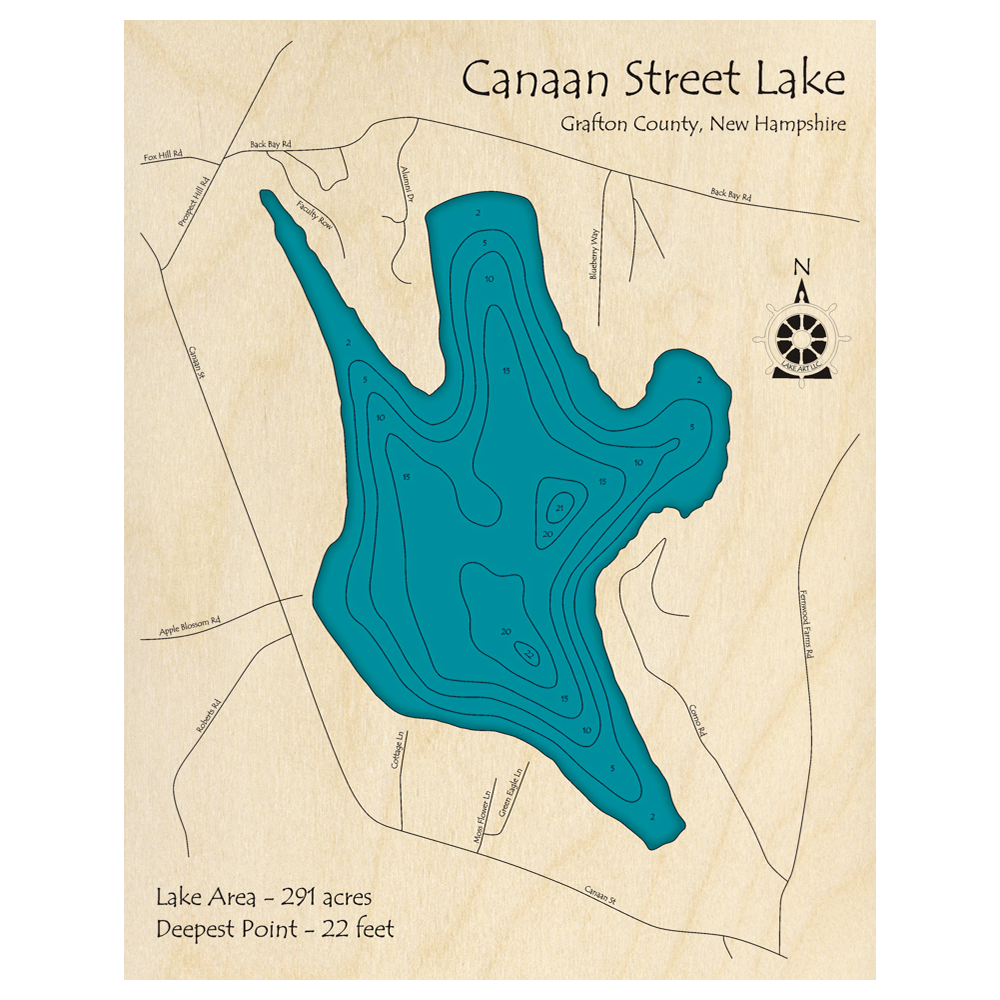 Bathymetric topo map of Canaan Street Lake, NH with roads, towns and depths noted in blue water.