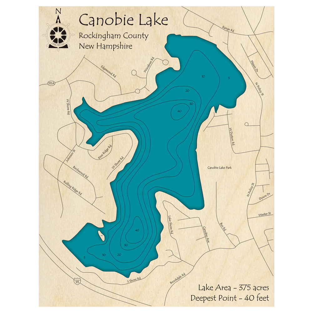 Bathymetric topo map of Canobie Lake, NH with roads, towns and depths noted in blue water.