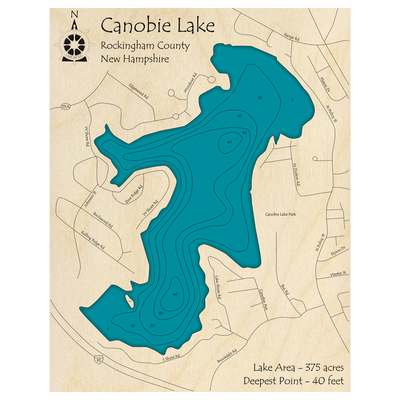Bathymetric topo map of Canobie Lake, NH with roads, towns and depths noted in blue water.