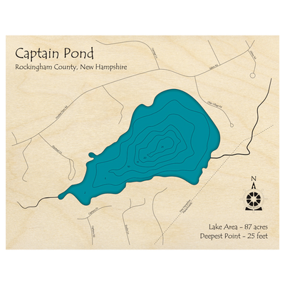 Bathymetric topo map of Captain Pond, NH with roads, towns and depths noted in blue water.