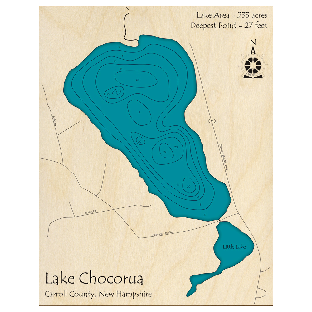 Bathymetric topo map of Lake Chocorua, NH with roads, towns and depths noted in blue water.