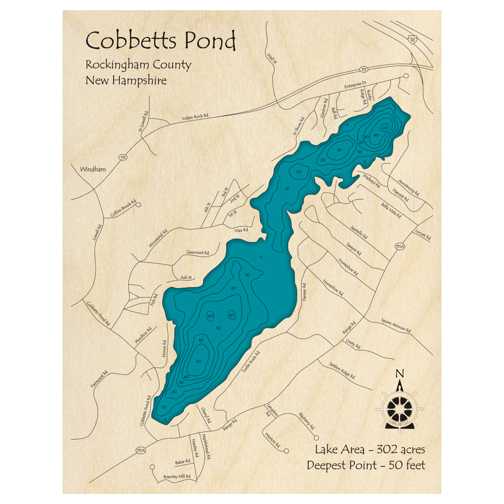 Bathymetric topo map of Cobbetts Pond, NH with roads, towns and depths noted in blue water.