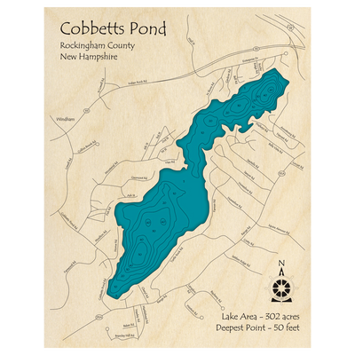 Bathymetric topo map of Cobbetts Pond, NH with roads, towns and depths noted in blue water.