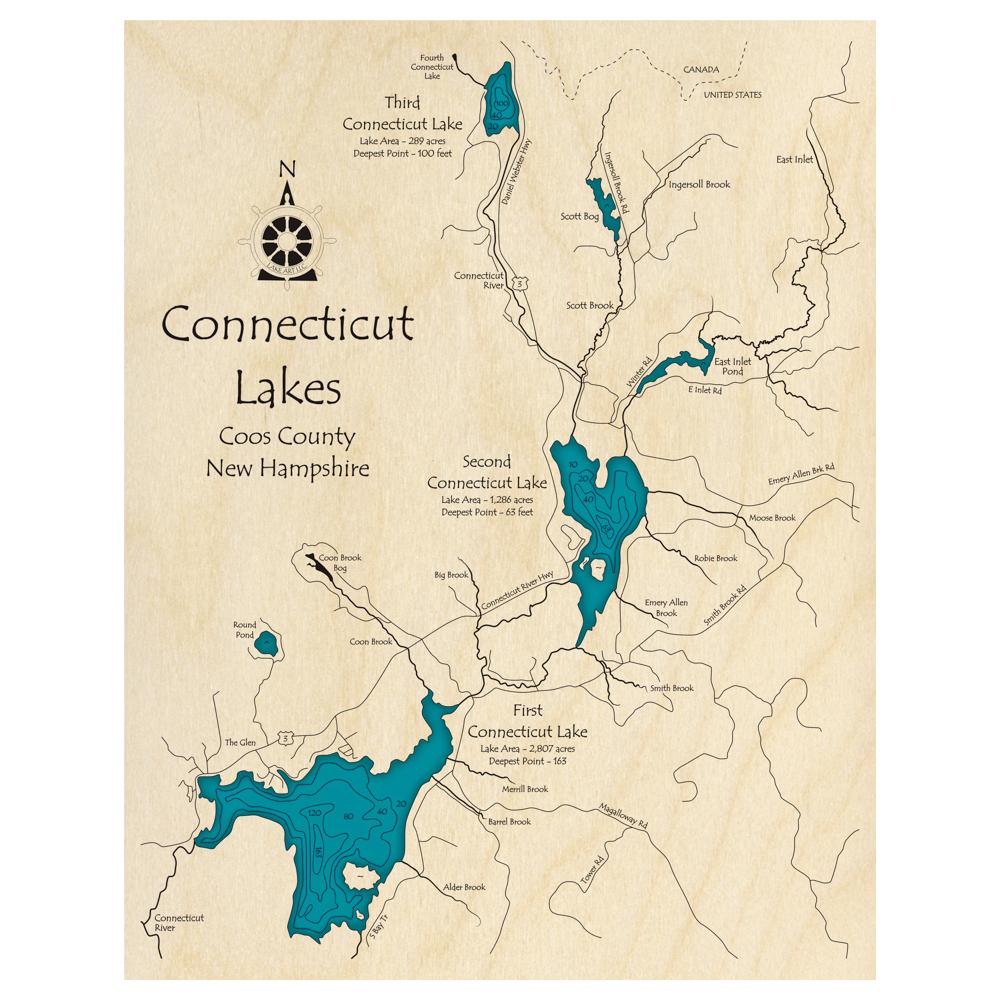 Bathymetric topo map of Connecticut Lakes, NH with roads, towns and depths noted in blue water.