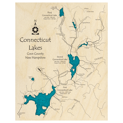Bathymetric topo map of Connecticut Lakes, NH with roads, towns and depths noted in blue water.