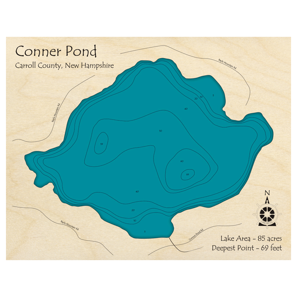 Bathymetric topo map of Conner Pond, NH with roads, towns and depths noted in blue water.