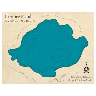 Bathymetric topo map of Conner Pond, NH with roads, towns and depths noted in blue water.