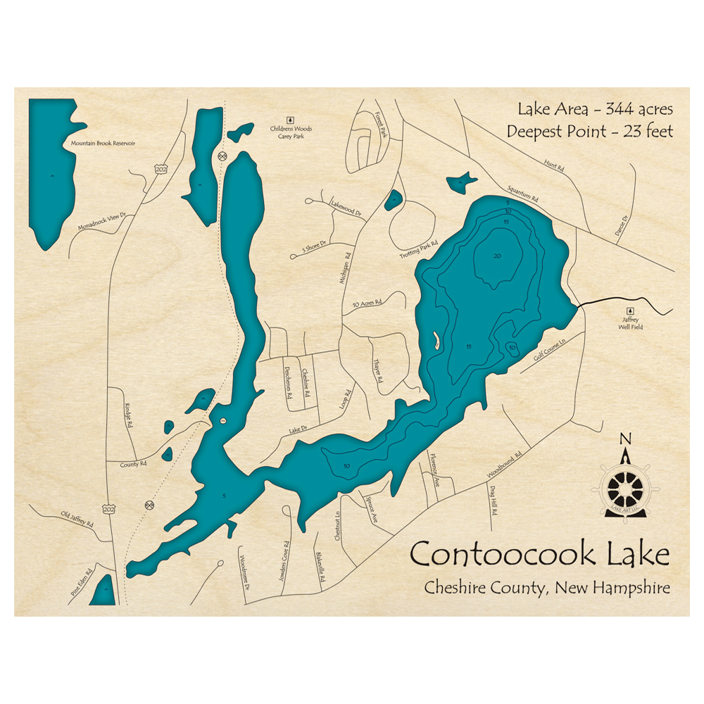 Bathymetric topo map of Contoocook Lake, NH with roads, towns and depths noted in blue water.
