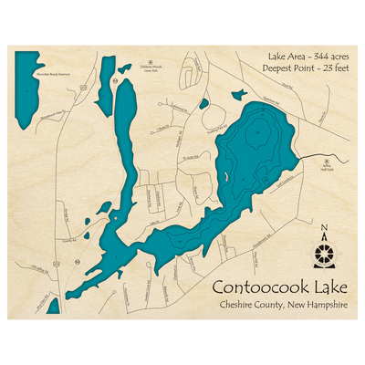 Bathymetric topo map of Contoocook Lake, NH with roads, towns and depths noted in blue water.