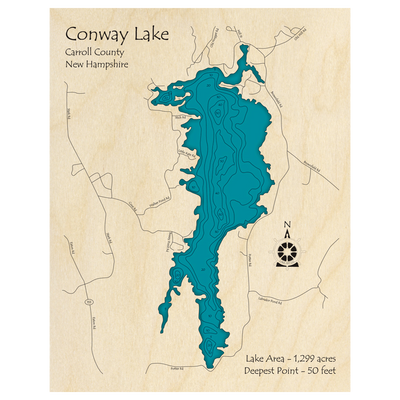 Bathymetric topo map of Conway Lake, NH with roads, towns and depths noted in blue water.
