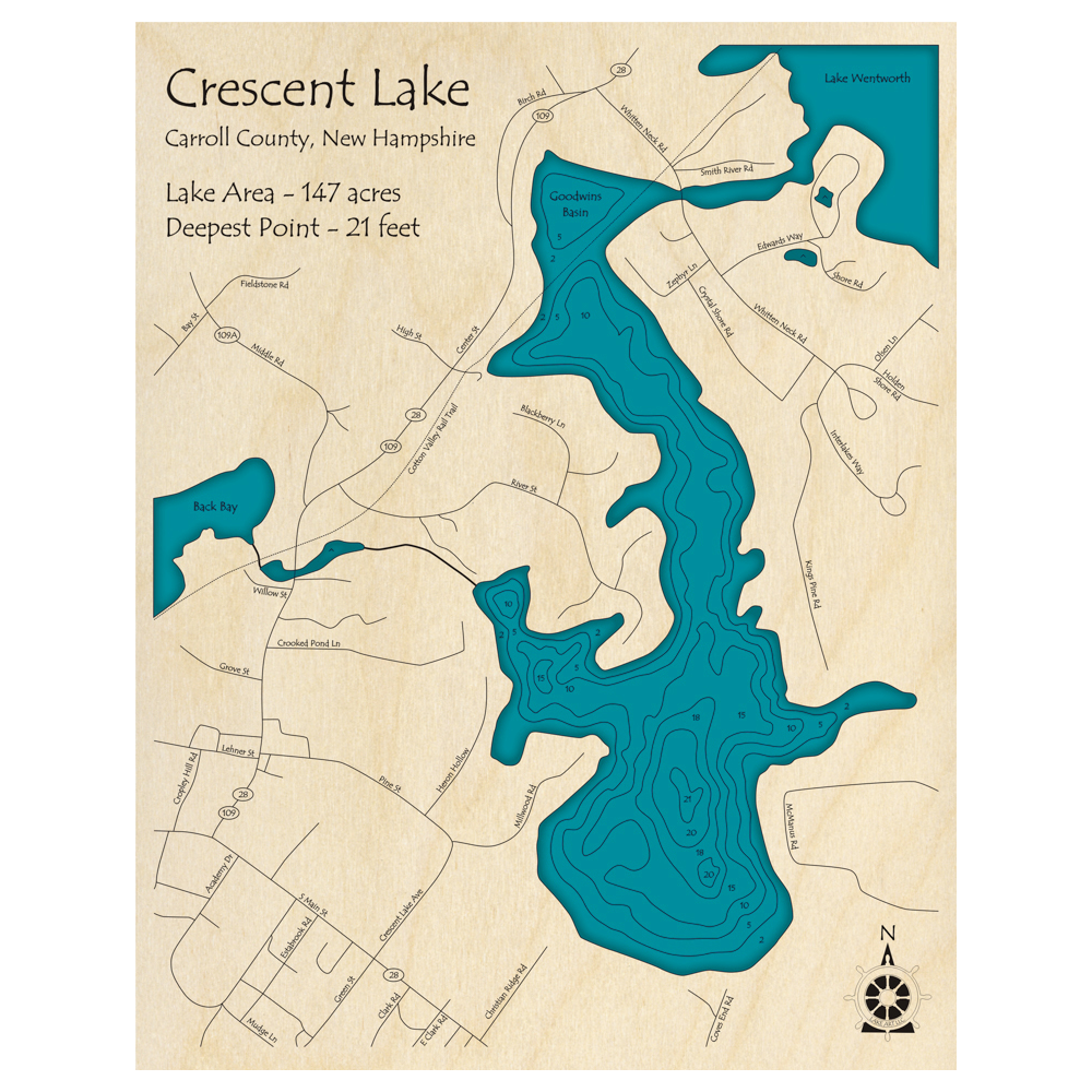 Bathymetric topo map of Crescent Lake, NH with roads, towns and depths noted in blue water.