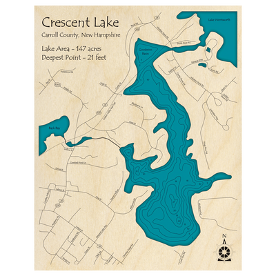 Bathymetric topo map of Crescent Lake, NH with roads, towns and depths noted in blue water.
