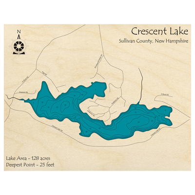 Bathymetric topo map of Crescent Lake, NH with roads, towns and depths noted in blue water.