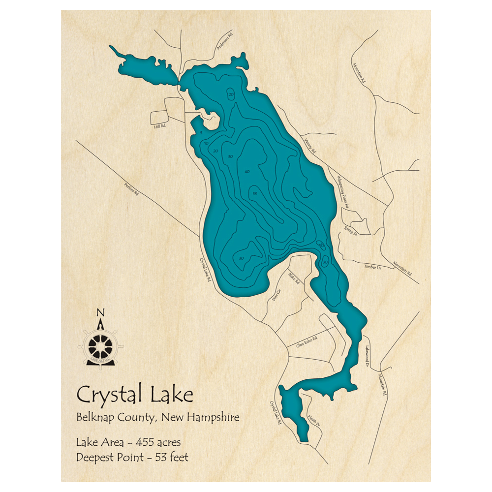 Bathymetric topo map of Crystal Lake, NH with roads, towns and depths noted in blue water.