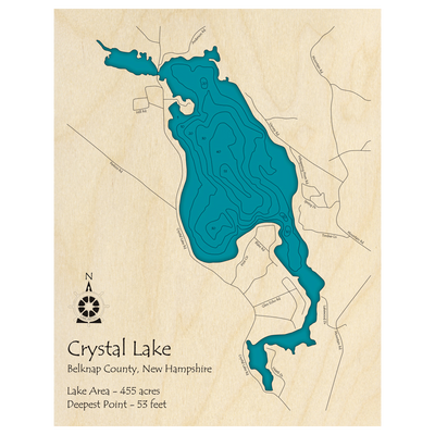 Bathymetric topo map of Crystal Lake, NH with roads, towns and depths noted in blue water.