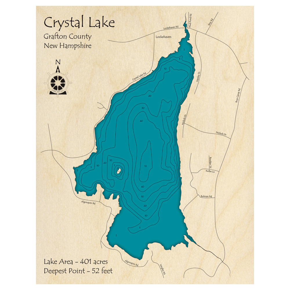 Bathymetric topo map of Crystal Lake, NH with roads, towns and depths noted in blue water.