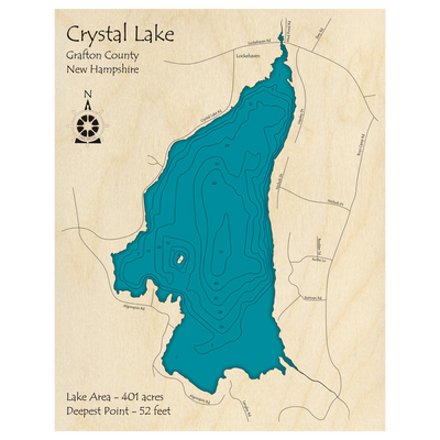 Bathymetric topo map of Crystal Lake, NH with roads, towns and depths noted in blue water.