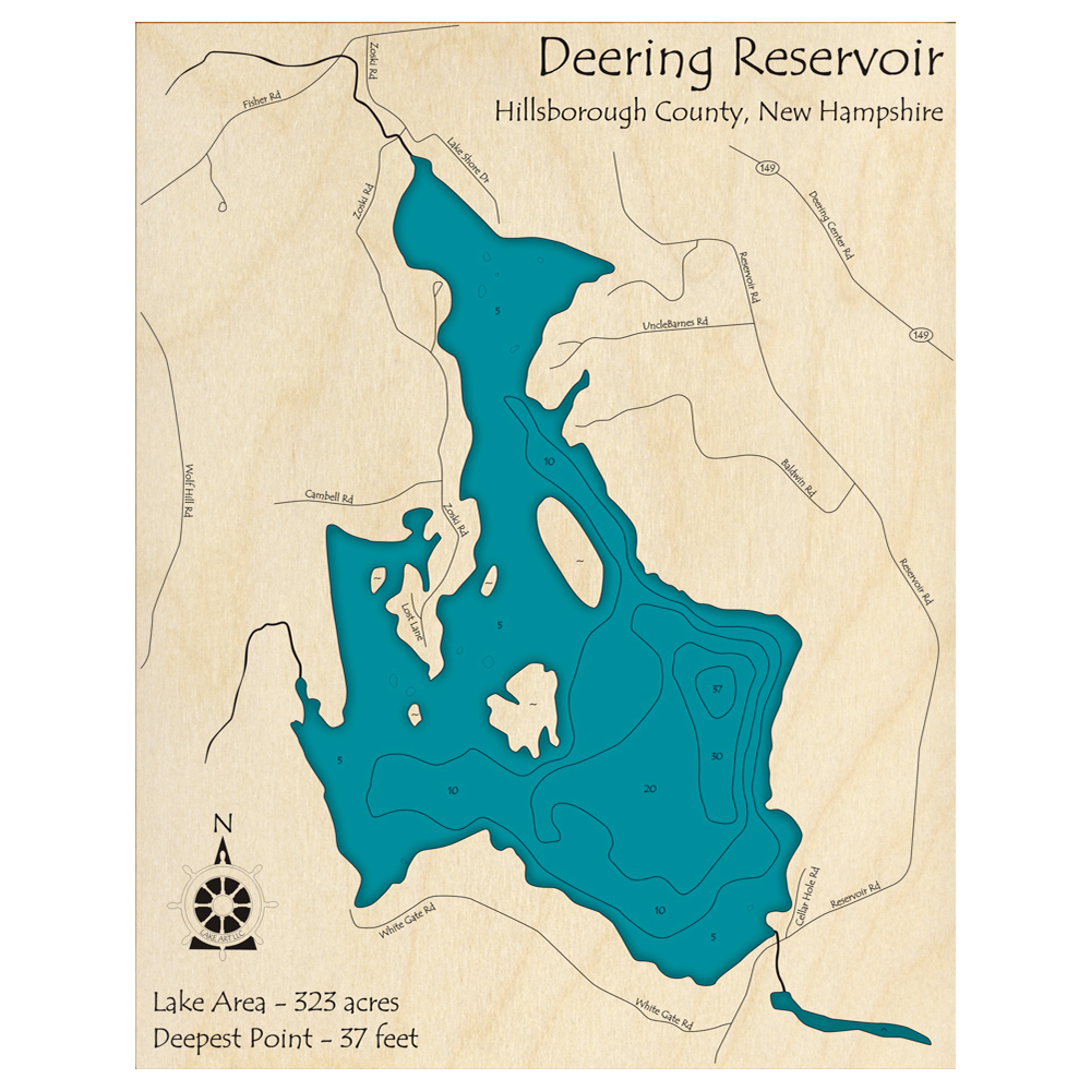 Bathymetric topo map of Deering Reservoir, NH with roads, towns and depths noted in blue water.