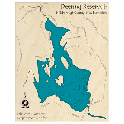 Bathymetric topo map of Deering Reservoir, NH with roads, towns and depths noted in blue water.