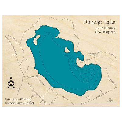 Bathymetric topo map of Duncan Lake, NH with roads, towns and depths noted in blue water.