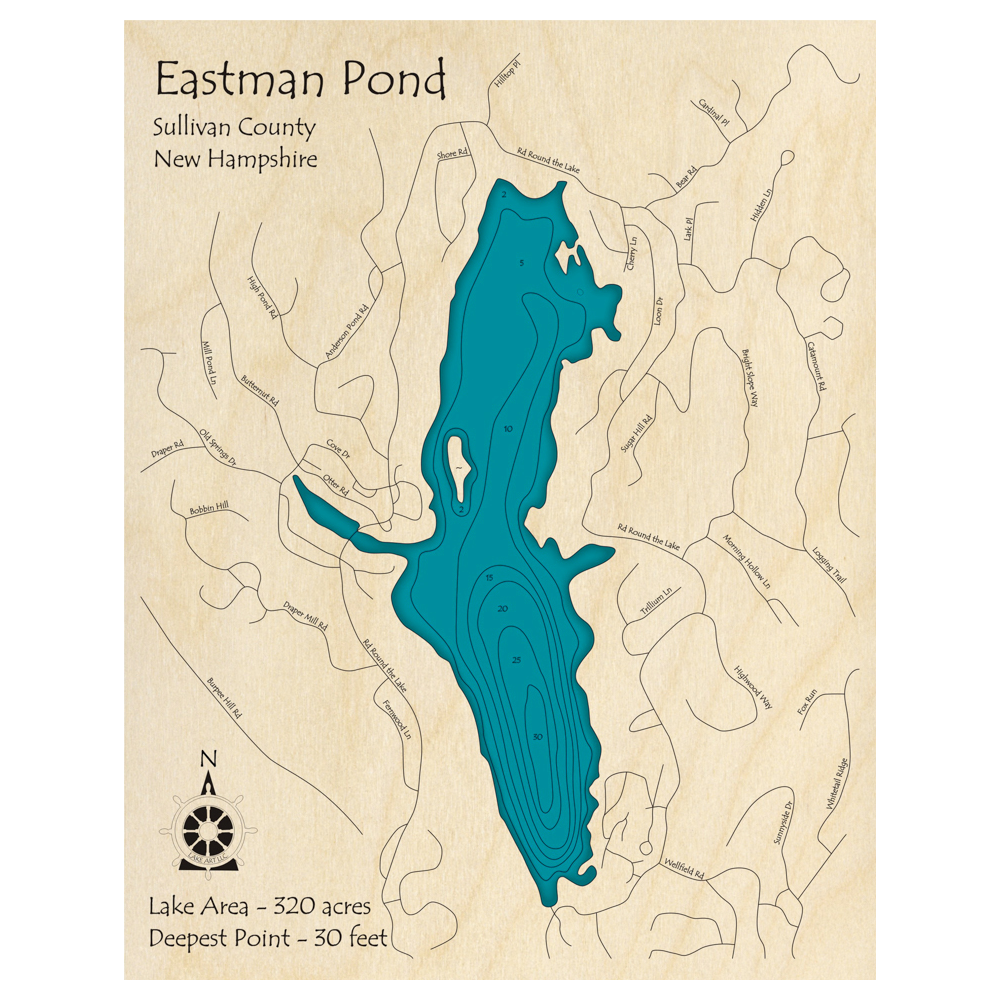 Bathymetric topo map of Eastman Pond, NH with roads, towns and depths noted in blue water.