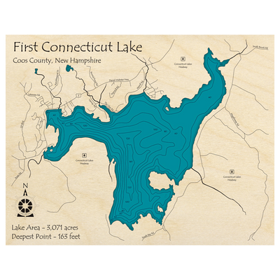 Bathymetric topo map of Connecticut Lake, NH with roads, towns and depths noted in blue water.
