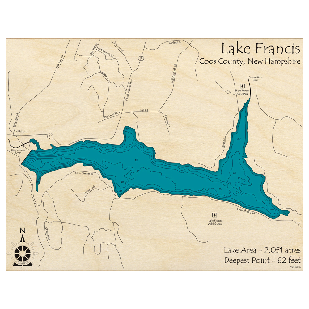 Bathymetric topo map of Lake Francis, NH with roads, towns and depths noted in blue water.