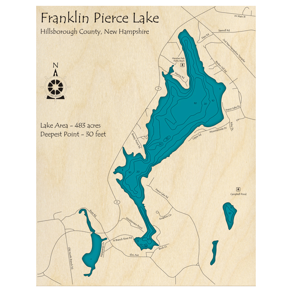 Bathymetric topo map of Franklin Pierce Lake, NH with roads, towns and depths noted in blue water.